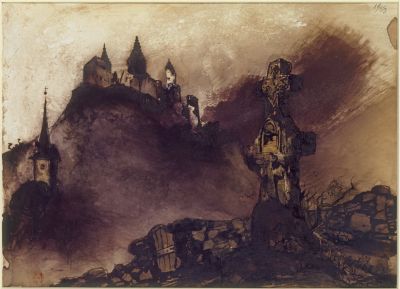 Victor Hugo, The Town of Vianden, with Stone Cross, 1871. Brown and black ink, brown and purple wash, graphite and varnish on paper, 25 x 34.5 cm. Bibliothèque nationale de France, Département des Manuscrits