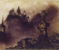 Victor Hugo, The Town of Vianden, with Stone Cross, 1871. Brown and black ink, brown and purple wash, graphite and varnish on paper, 25 x 34.5 cm. Bibliothèque nationale de France, Département des Manuscrits