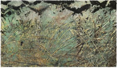 Anselm Kiefer, Nevermore, 2014. Emulsion, oil, acrylic, shellac, gold leaf and sediment of electrolysis on canvas, 330 x 570 cm. Eschaton Kunststiftung. Photo: Charles Duprat. © Anselm Kiefer