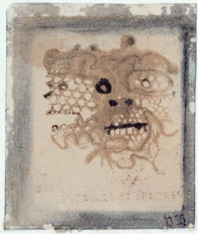 Victor Hugo, Lace and Spectres, c. 1855-56, Pen and brown ink wash, charcoal and lace imprint on paper, 7.2 x 6.1 cm. Maisons de Victor Hugo, Paris / Guernsey. Photo: CCØ Paris Musées / Maison de Victor Hugo