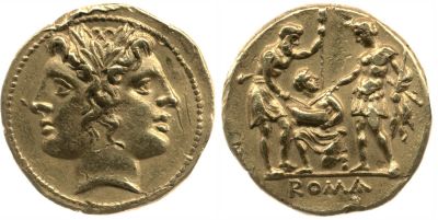 Gold coin - oath-taking scene between two soliders © The Trustees of the British Museum