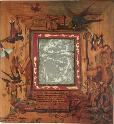 Victor Hugo, Mirror with Birds, 1870. Hand-painted and inscribed wooden frame, oil paint, varnish, 70 x 65 cm. Maisons de Victor Hugo, Paris / Guernsey. Photo: CCØ Paris Musées / Maisons de Victor Hugo