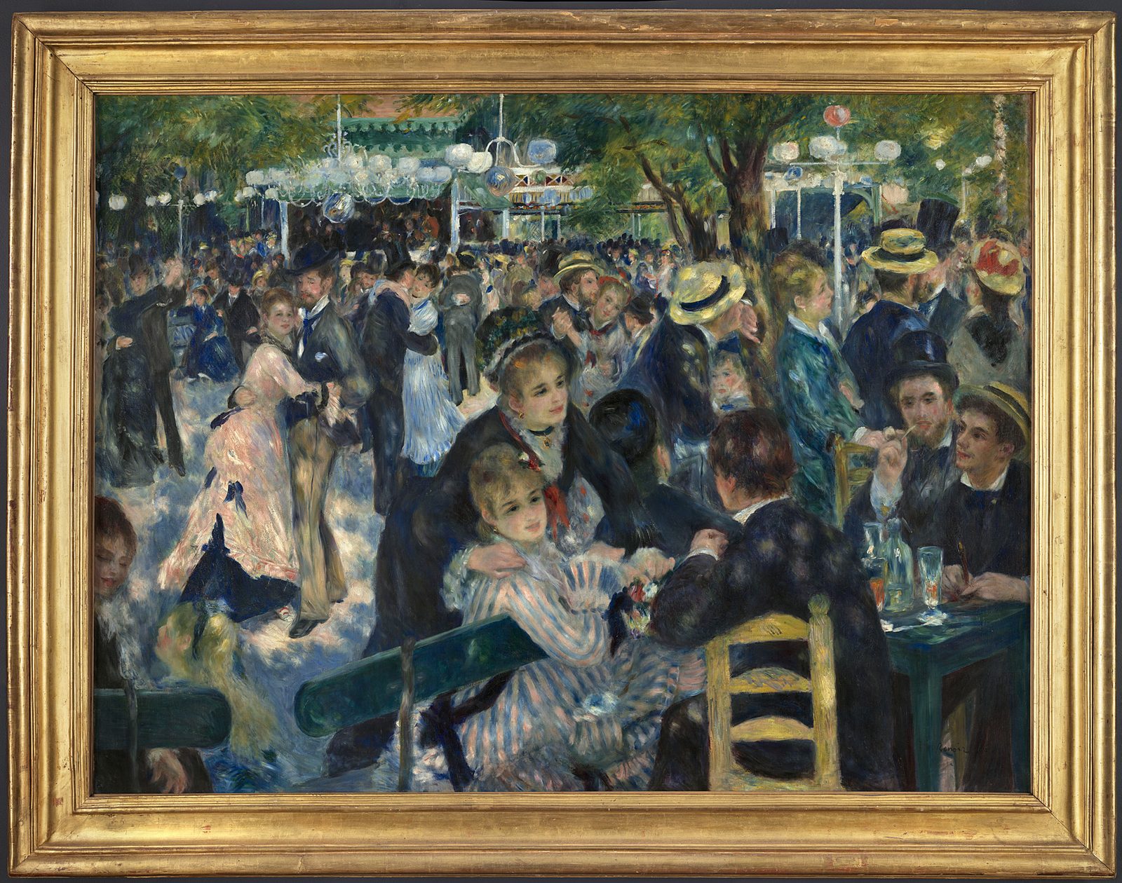 Il Ballo al Moulin de la Galette di Renoir nella cornice dorata: coppie che ballano e amici ai tavoli sotto gli alberi