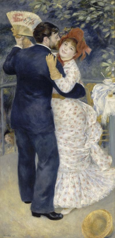 Una coppia balla stretta, lei con cuffia rossa e ventaglio, nella Danza in campagna di Renoir, alta quasi due metri