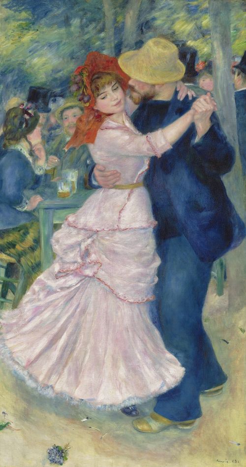 Una coppia balla all'aperto, lei in abito rosa e cuffia rossa, lui con il cappello di paglia, nella Danza a Bougival
