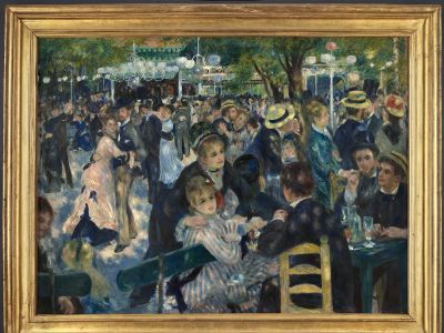 Il Ballo al Moulin de la Galette di Renoir nella cornice dorata: coppie che ballano e amici ai tavoli sotto gli alberi