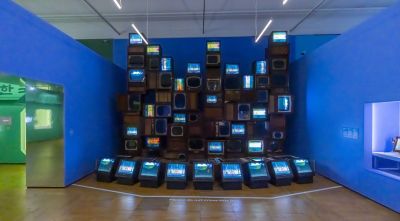 Installation image of Nam June Paik's 'Mirage', 1986, at Hallyu! The Korean Wave at the V&A (c) Nam June Paik Estate, Victoria and Albert Museum, London