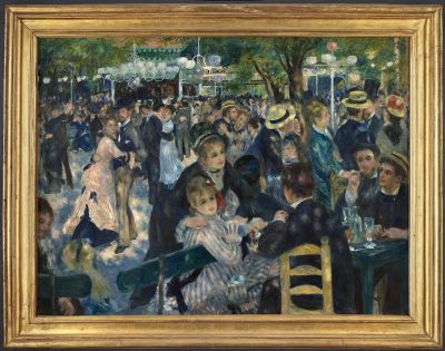 Il Ballo al Moulin de la Galette di Renoir nella cornice dorata: coppie che ballano e amici ai tavoli sotto gli alberi