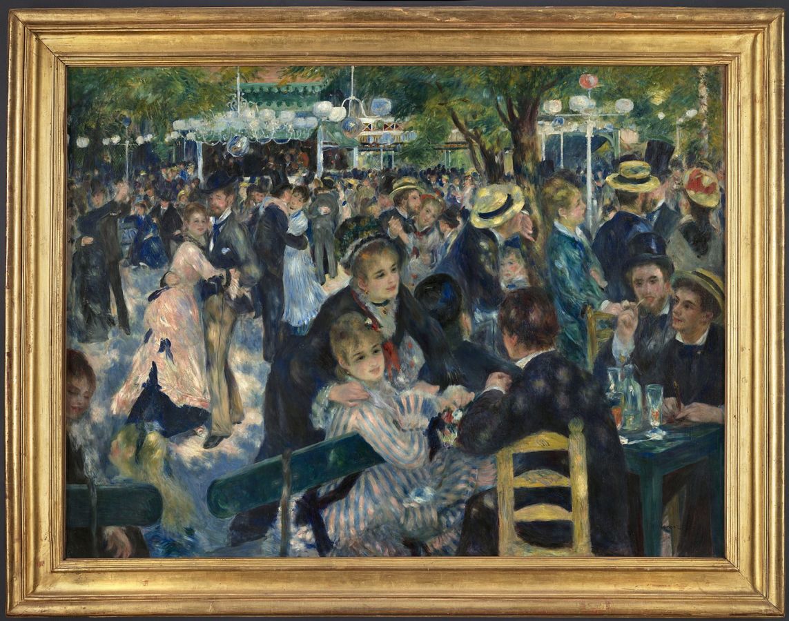 Il Ballo al Moulin de la Galette di Renoir nella cornice dorata: coppie che ballano e amici ai tavoli sotto gli alberi