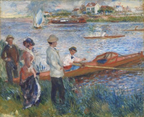 Canottieri e una donna accanto a una barca rossa sulla riva della Senna, nei Canottieri a Chatou di Renoir