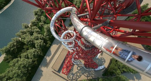 Veduta dall'alto della discesa a spirale di The Slide lungo l'ArcelorMittal Orbit