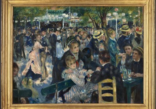 Il Ballo al Moulin de la Galette di Renoir nella cornice dorata: coppie che ballano e amici ai tavoli sotto gli alberi