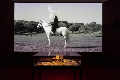 Gallery view of the Marina Abramović exhibition  showing The Hero, 2001.