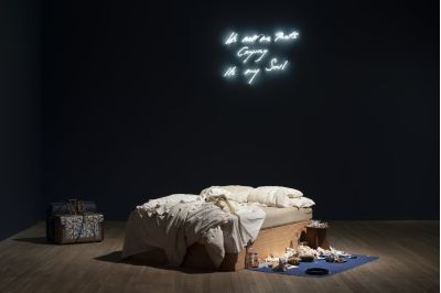 Tracey Emin A Second Life Tate Modern installation view with My Bed 1998 and It’s Not me That’s Crying its my Soul 2001. Photo