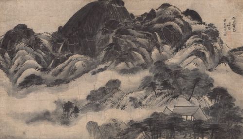 Picchi a inchiostro e nebbia che sale in Schiarita dopo la pioggia sul monte Inwang di Jeong Seon