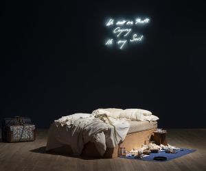 Tracey Emin A Second Life Tate Modern installation view with My Bed 1998 and It’s Not me That’s Crying its my Soul 2001. Photo