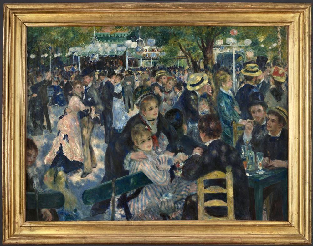 Il Ballo al Moulin de la Galette di Renoir nella cornice dorata: coppie che ballano e amici ai tavoli sotto gli alberi