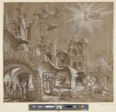 Ruins with the Vulcan's forge beneath an arch, Maarten van Heemskerck, 1538