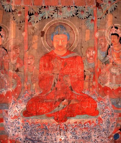 Silk watercolour painting of the
Buddha, China, about AD 701–750