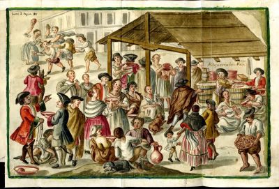 Key 10: Joaquín Antonio de Basarás y Garaygorta, Indian Wedding, in Origen, costumbres y estado presente de mexicanos y filipinos, 1763 Illustrated manuscript on paper, 41 x 65.7 cm On loan from The Hispanic Society of America, New York, NY