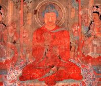 Silk watercolour painting of the 
Buddha, China, about AD 701–750