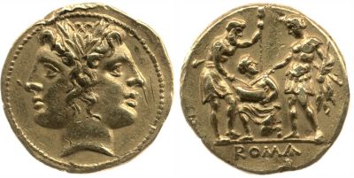 Gold coin - oath-taking scene between two soliders © The Trustees of the British Museum